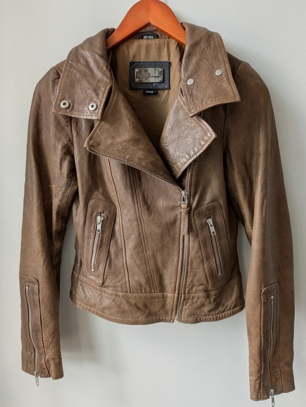 Mackage for Aritzia Lambskin Leather Moto Jacket Brown Distressed XS